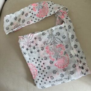 Free People Gauze Boho Reusable Shopping Tote Gift Bag Pink Gray Floral Fabric